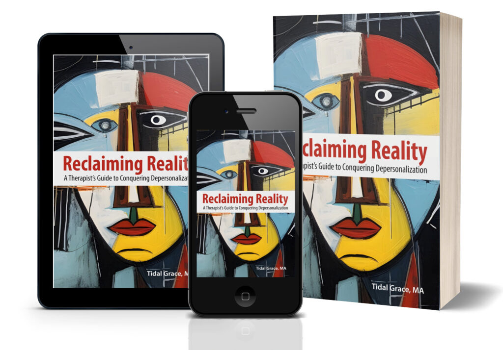 Reclaiming Reality: A Therapist's Guide to Conquering Depersonalization - Book displayed on tablet, phone, and paperback formats, featuring abstract face artwork in blue, red, yellow, and black