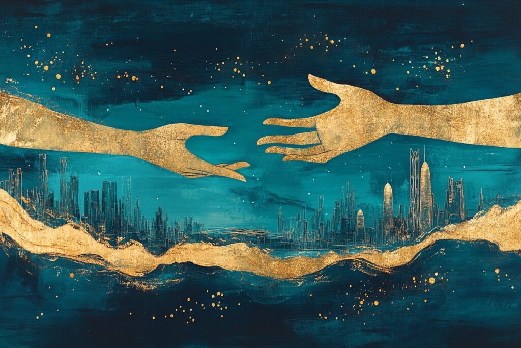 Dark teal and gold illustration showing two hands reaching out over a stylized Qatar skyline, symbolizing Therapy in Qatar and bridging cultural gaps.